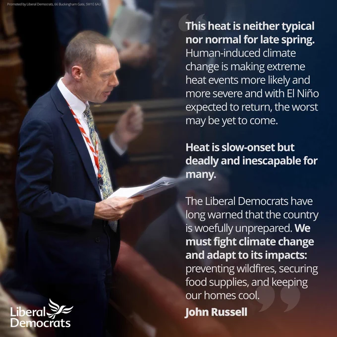 Earl Russell speaks in the House of Lords while holding papers. Overlaid text warns that extreme heat linked to climate change is becoming more common and severe, calling for action to tackle climate change and help the UK adapt.