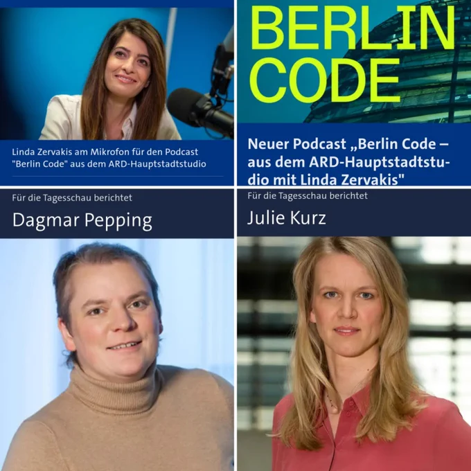 Quellen (im Uhrzeigersinn von links oben):

https://www.ard.de/ard-hauptstadtstudio/presse/2025/neuer-podcast-berlin-code-aus-dem-ard-hauptstadtstudio-mit-linda-zervakis,start-podcast-berlin-code-mit-linda-zervakis-100.html
https://www.tagesschau.de/korrespondenten/julie-kurz-107.html
https://www.tagesschau.de/korrespondenten/dagmar-pepping-100.html