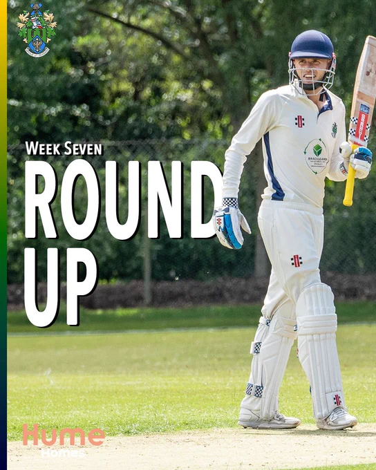 Halstead Cricket Club Week Seven Round Up cover card. A batsman in full whites and blue helmet walks on the outfield, bat raised, with Brackadams sponsor branding visible on his shirt. Large white text reads “Week Seven Round Up”. The HCC coat of arms appears top left and the Hume Homes sponsor logo sits bottom left. A green, yellow and navy stripe runs down the left edge.