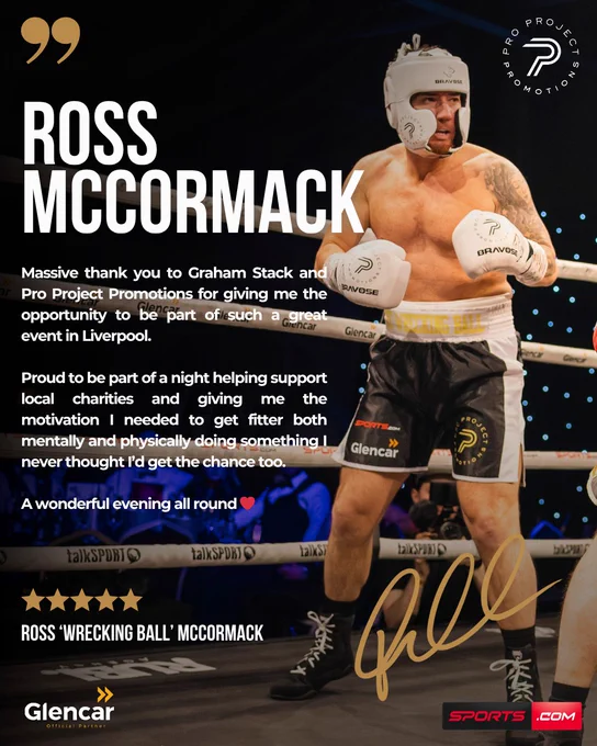 Boxer Ross McCormack in a boxing ring, expressing gratitude to supporters. The mood is motivational and celebratory.