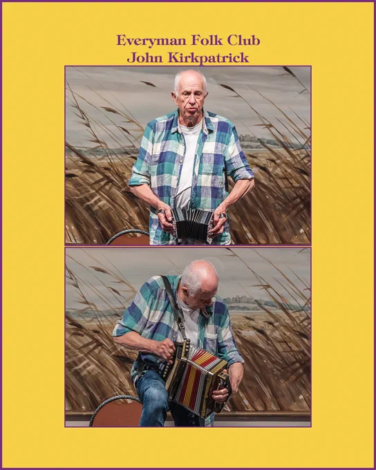 Two photos of John Kirkpatrick, standing, wearing a white t-shirt beneath a shirt with a pattern made up of large blue squares, and blue jeans. In the upper photo, John is playing Anglo concertina and singing. In the lower picture, he is playing single row melodeon.