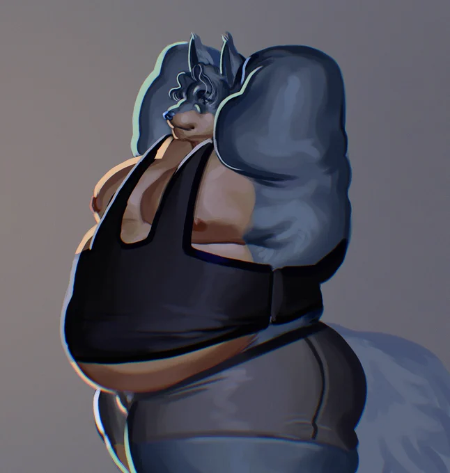 Wade the fox standing in black tanktop and gray boxers, arms behind his head, clothes are a little too tight for him, belly poking out of his tanktop