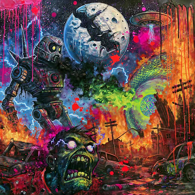 The sky opened, the moon cracked, and the machines came to destroy. From the smoke, the dead rose screaming.