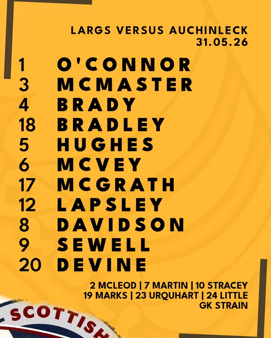 The Largs Thistle team to play Auchinleck Talbot. O'Connor. McMaster. Brady. Bradley. Hughes. McVey. McGrath. Lapsley. Davidson. Sewell. Devine. Substitutes are: McLeod. Martin. Stracey. Marks. Urquhart. Little. Strain as goalkeeper.
