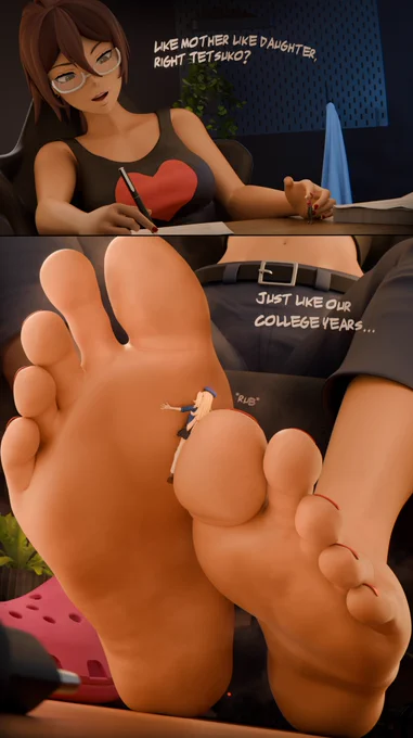 Lara Kher: "Like mother like daughter, right Tetsuko?"
Lara Kher: "Just like our college years..."

Lara fondling Tetsuko on her desk with her fingers, while she pins Suzume to the ball of her foot with her other toe.