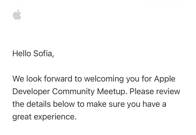 Invitation mail to the Apple Developer Community Meetup