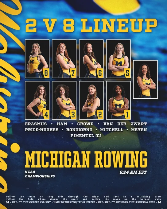 Michigan Rowing 2V8 lineup for NCAA Championships, rowers' images and names in middle of graphic: Erasmus, Ham, Crowe, van der Zwart, Price-Hughes, Bongiorno, Mitchell, Meyen, Pimentel