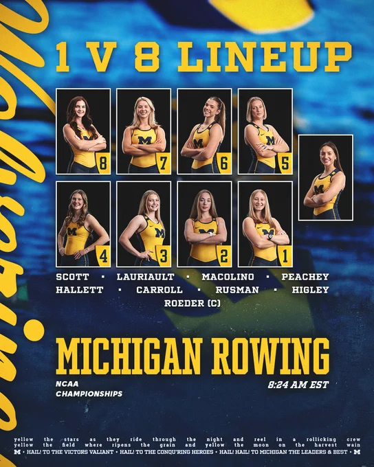 Michigan Rowing 1V8 lineup for NCAA Championships, rowers' images and names in middle of graphic: Scott, Lauriault, Macolino, Peachey, Hallett, Carroll, Rusman, Higley, Roeder