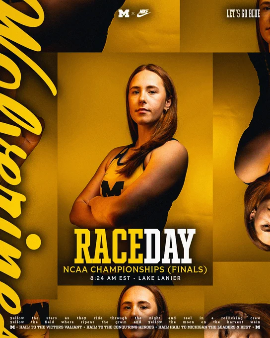 RACEDAY Graphic, highlights Michigan rower in center, gives race details at bottom: NCAA Championships (Finals), 8:24 am est, Lake Lanier.