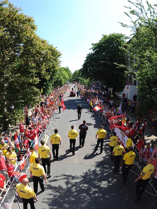 A view from the top of the bus on an Arsenal trophy parade.