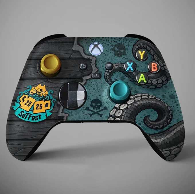 The controllers feature a pirate-inspired design. Their bodies are predominantly dark charcoal and black, with weathered textures and subtle skull motifs. Large octopus tentacles wrap across the grips and faceplates in shades of grey and deep blue.

The left thumbsticks are bright golden yellow, while the right thumbsticks are vivid ocean blue, creating a striking contrast against the darker controller body.

The SoTFest 2026 emblem is on show near the lower left grip.