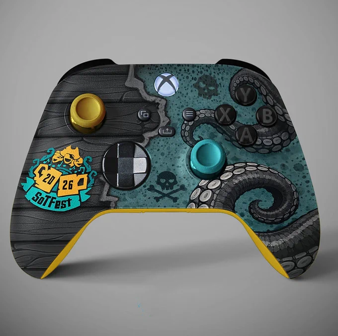 The controllers feature a pirate-inspired design. Their bodies are predominantly dark charcoal and black, with weathered textures and subtle skull motifs. Large octopus tentacles wrap across the grips and faceplates in shades of grey and deep blue.

The left thumbsticks are bright golden yellow, while the right thumbsticks are vivid ocean blue, creating a striking contrast against the darker controller body.

The SoTFest 2026 emblem is on show near the lower left grip.