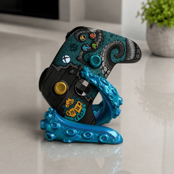 A matching controller stand is showcased. The stand resembles a giant blue kraken tentacle curling upward from the base. Suction cups and flowing details give it a realistic sea-creature appearance. A controller rests securely within the tentacle's curved embrace