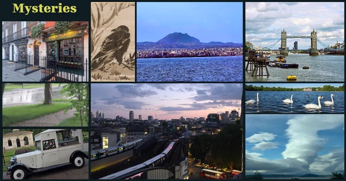 This week's title is Mysteries. Clockwise from upper left: The Sherlock Holmes Museum, Marylebone, London; painting of a crow looking investigative; the Face of Zeus on a mountain in Crete; Tower Bridge and traffic on the River Thames; swans swimming and looking deceptively stately and not at all like they would bite you, which they would in a New York minute, even thought they're in Kensington Gardens; a mystery landscape around a lake under spooky clouds, which nobody can remember taking and which the Editor thinks is Loch Ness; London in twilight, with trains looking silver; a Rolls Royce ice cream truck in Kensington Gardens being all posh; and, finally, the sidewalk in front of the Post Office covered with hailstones because it's been that kind of spring around here.