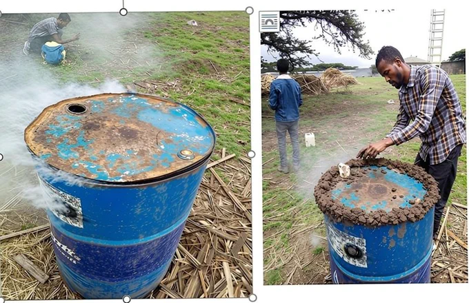 This photo illustrates the biochar preparation process using metal vessels. On the left, a person monitors the setup, while on the right, another adjusts the metal barrel. The smoke indicates pyrolysis, where biomass is heated in low oxygen to create biochar, a sustainable method that enhances soil fertility and promotes carbon sequestration.