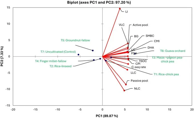PCA biplot showing PC scores of cropping systems and loadings of soil health parameters, including soil carbon stock, soil carbon pool, soil carbon indexes, soil biological properties. BG, β-glucosidase; CMI, carbon management index; CPI, carbon pool index; DHA, dehydrogenase; FDA, fluorescein diacetate; LC, labile carbon; LI, lability index; LLC, less labile carbon; NLC, non-labile carbon; SMBC, soil microbial biomass carbon; VLC, very labile carbon.