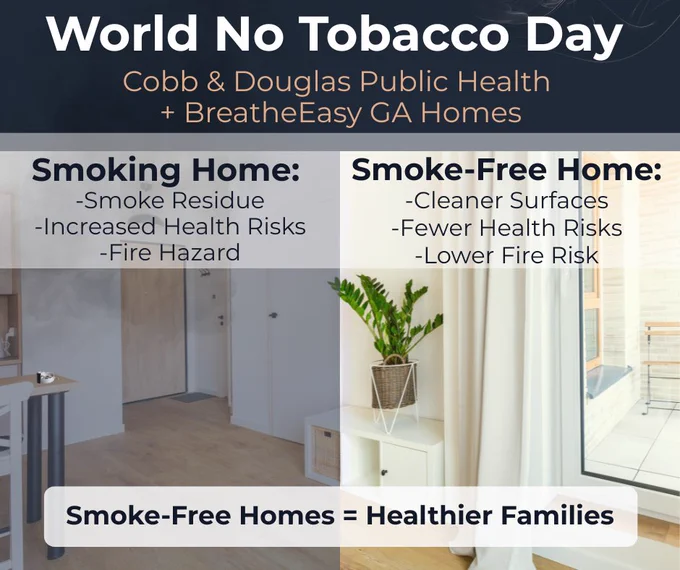 Comparison of a smoky, cluttered home with a clean, bright smoke-free home highlighting health and fire risk differences for World No Tobacco Day.