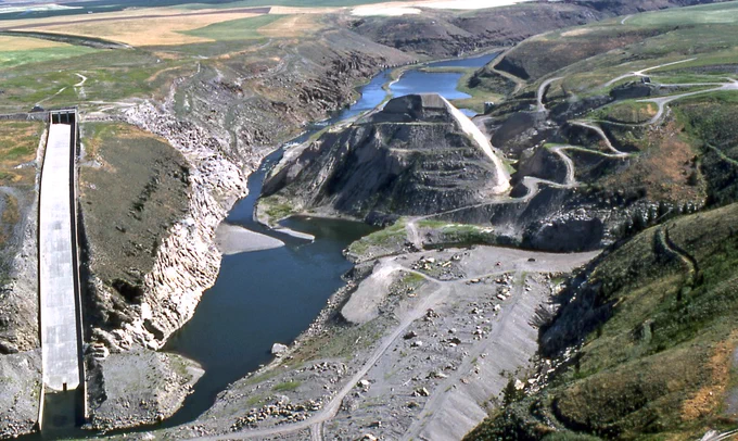 A high angle view of the aftermath of the Teton Dam failure. Photo taken in 1976.
