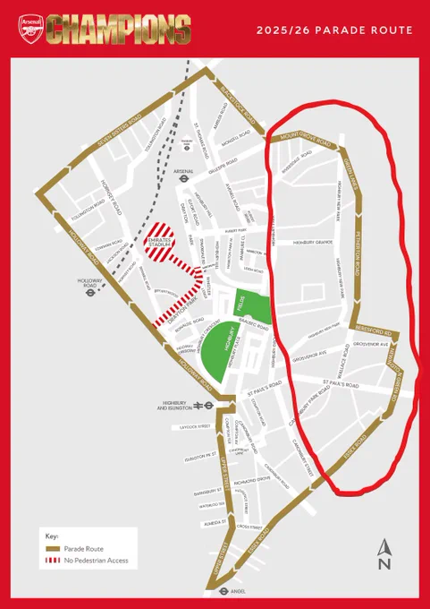 Map of the Arsenal Champions 2025/26 parade route, showing roads and key locations like Emirates Stadium. Circled are areas in the east and south east of the borough are quieter.