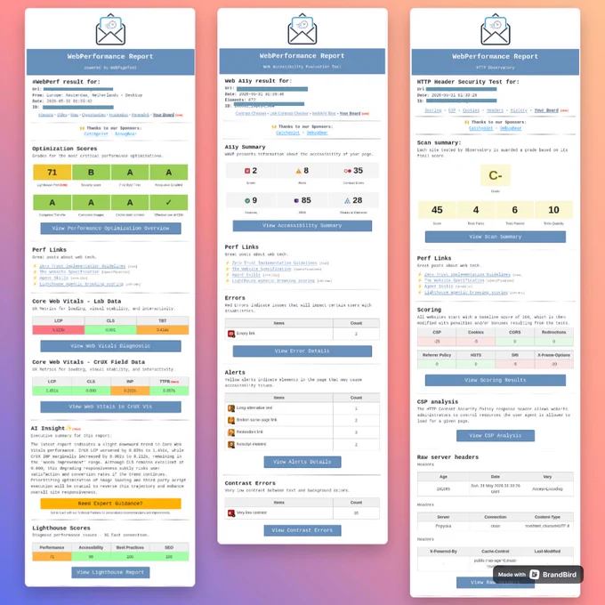 Three WebPerformance Report email examples showing web performance, accessibility, and security reports on a colorful gradient background.
