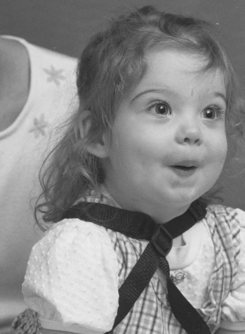 Young child wearing a textured white blouse and checkered dress with a safety harness strapped across the chest.