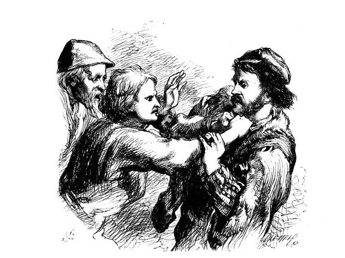 Orlando lays hands on Oliver as Adam looks on in As You Like It, Act 1, Scene 1 (Victorian Illustrated Shakespeare)