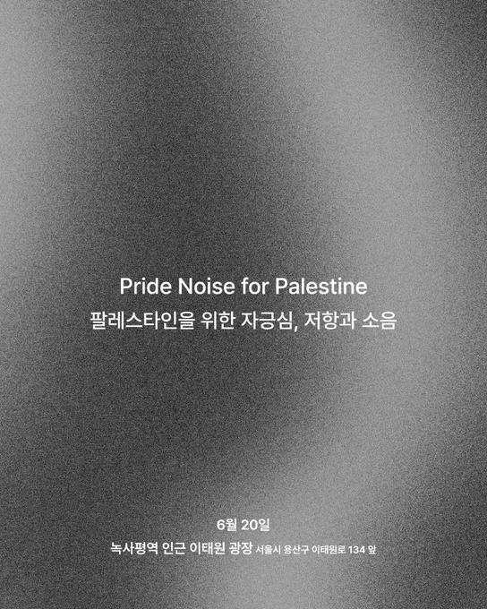 검고 부연 바탕에 가운데 정렬된 흰색 글자로 적힌 웹자보

중앙의 제목:
Pride Noise for Palestine
팔레스타인을 위한 자긍심, 저항과 소음

하단 날짜 및 장소:
녹사평역 인근 이태원 광장. 서울시 용산구 이태원로 134 앞