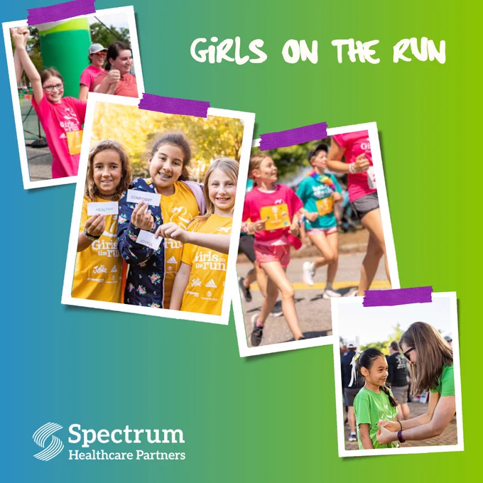A vibrant collage showcasing young girls participating in a joyful running event, emphasizing community and empowerment. The Spectrum Healthcare Partners logo is visible.