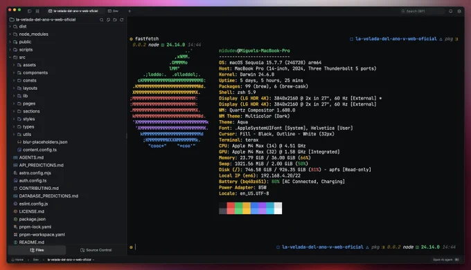 Captura de Terax en macOS mostrando un proyecto web abierto con explorador de archivos a la izquierda y una terminal integrada ejecutando fastfetch, porque hasta el Mac quiere presumir de setup.