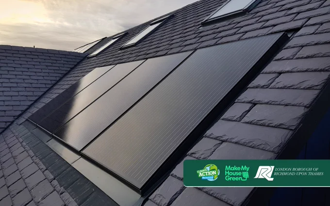Solar panels on the top of a property. The Climate Action Richmond, MakeMyHouseGreen and Richmond Council logos are visible in the bottom right