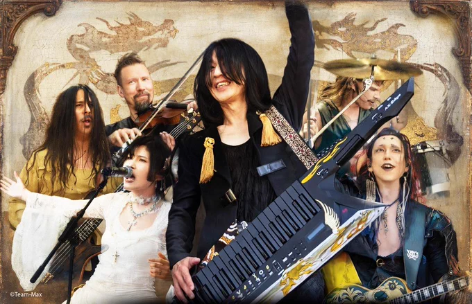 A collage of all the musicians featured in Far East Groove, including the band’s leader, Yasuharu Takanashi, in the foreground. The photos are snapshots of the musicians whilst they are performing. In the background, a mural of dragons can be seen. © Team-MAX INC.