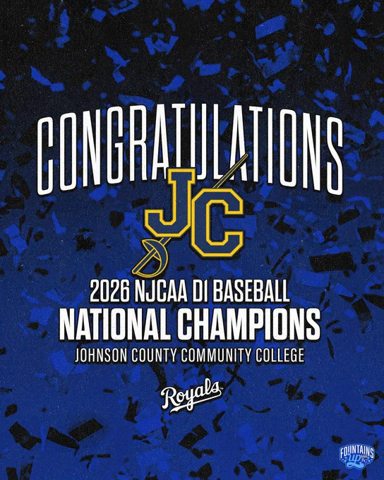 A graphic with a blue background, text on the graphic reads, "Congratulations, Johnson County Community College, 2026 NJCAA DI Baseball National Champions"