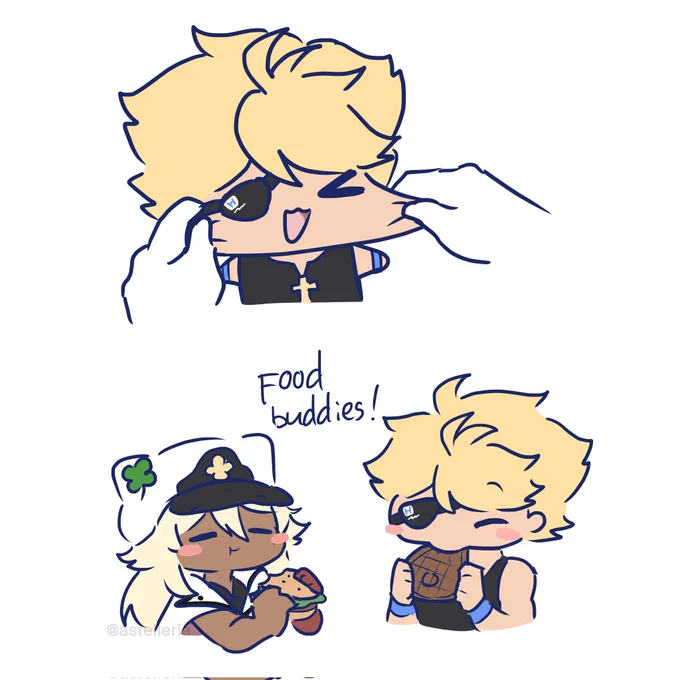 (Top drawing) Goober Sin Kiske gets his cheeks pinched

(Bottom drawing) Ramlethal eats burger and Sin eats a chunk of grilled meat. The text between them says "Food Buddies!"
