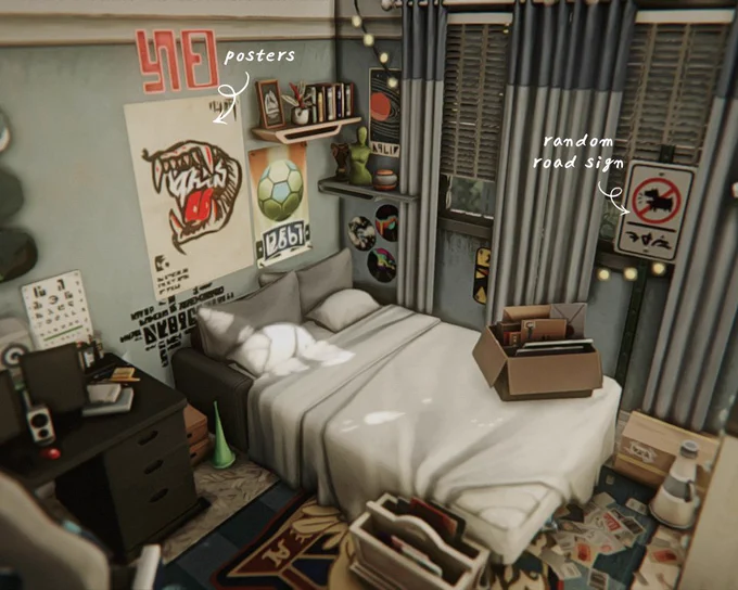 a cluttered/messy teenage bedroom filled with personalized clutter and decorated without cc in the sims 4