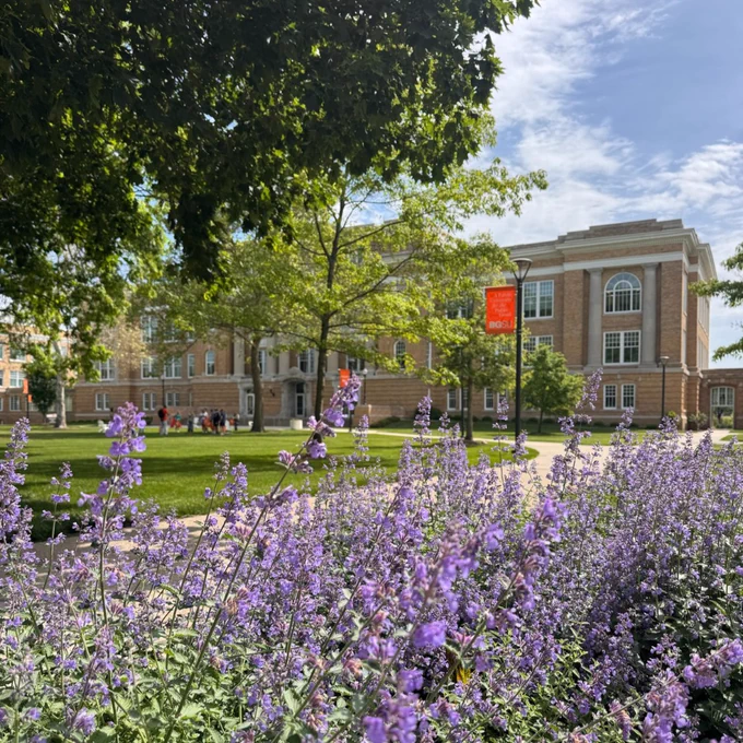 Purple flowers in the foreground, with a landscaped path leading to a brick building in the background. A red banner is hanging on a pole near the building. Lush greenery and trees are scattered throughout the scene.