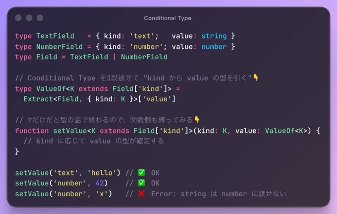 type TextField   = { kind: 'text';   value: string }
type NumberField = { kind: 'number'; value: number }
type Field = TextField | NumberField

// Conditional Type を1段被せて "kind から value の型を引く"👇
type ValueOf<K extends Field['kind']> =
  Extract<Field, { kind: K }>['value']

// ↑だけだと型の話で終わるので、関数側も縛ってみる👇
function setValue<K extends Field['kind']>(kind: K, value: ValueOf<K>) {
  // kind に応じて value の型が確定する
}

setValue('text', 'hello') // ✅ OK
setValue('number', 42)    // ✅ OK
setValue('number', 'x')   // ❌ Error: string は number に渡せない