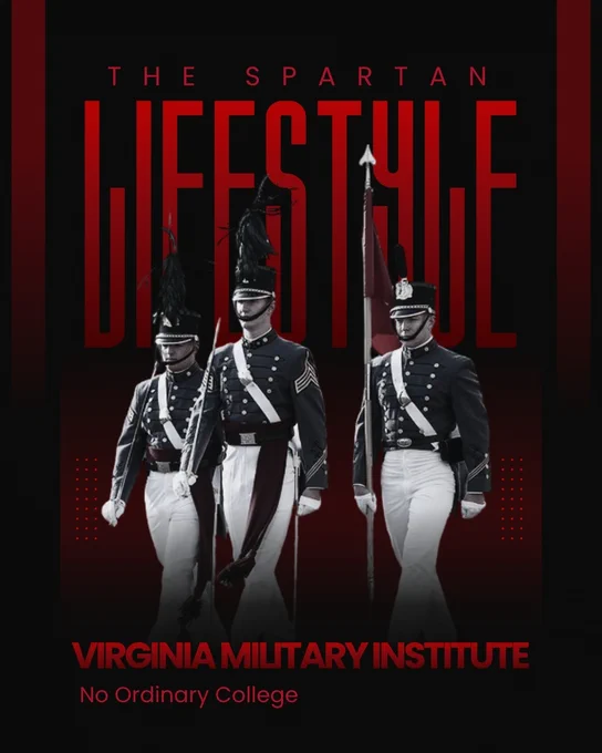 Three Virginia Military Institute cadets in full dress uniform march across a black and red graphic titled "The Spartan Lifestyle." The graphic includes the text "Virginia Military Institute" and the tagline "No Ordinary College."
