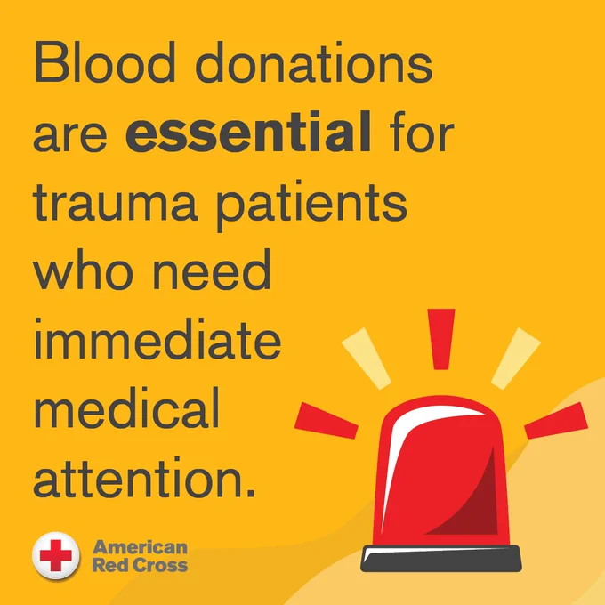 An image of a siren in the bottom right corner; written above it are the words, "Blood donations are essential for trauma patients who need immediate medical attention"