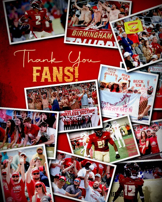 A collage of football players and cheering fans in Birmingham Stallions gear, expressing gratitude with a bold 'Thank You Fans!' message. The image captures the excitement and energy of game day.
