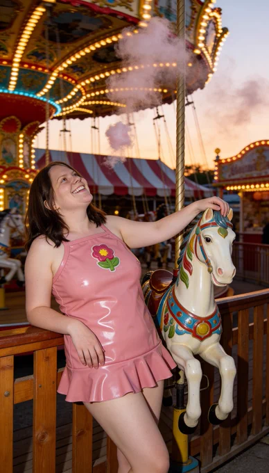 Feeling like the main character on the carousel tonight 🎠🩷 Shiny pink ruffled dress, big smile, and soaking up all the magical fair vibes as the sun goes down. Who else loves dressing up for carnival nights? ✨