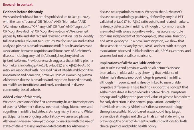 Research in context panel for the paper published in The Lancet entitled \"Alzheimer\u2019s disease neuropathology plasma biomarkers and cognition in midlife: a community-based cohort study\". Copyright: 2026 Elsevier Ltd. All rights reserved.