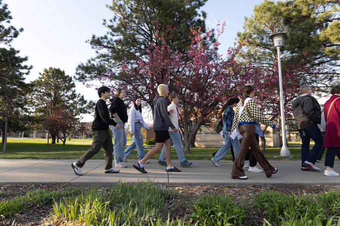A group of people walk together on a path surrounded by green grass and trees with pink blossoms. A lamp post is visible beside the path, and the sky is clear.