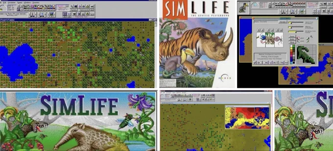 SimLife screenshots and box art, showing overhead view and animal details