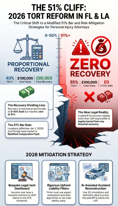 Attorney Interest: In these states, if a plaintiff is found 51% or more at fault, they recover zero. This makes rigorous upfront liability and AI-assisted accident reconstruction essential for viable case selection.

