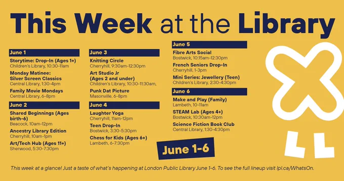 This week at the Library
June 1-6

June 1
Storytime: Drop-In (Ages 1 ), Children’s Library, 10:30-11am
Monday Matinee: Silver Screen Classics, Central Library, 1:30-4pm
Family Movie Mondays, Central Library, 6-8pm

June 2
Shared Beginnings (Ages birth-6), Beacock, 10am-12pm
Ancestry Library Edition, Cherryhill, 10am-1pm
Art/Tech Hub (Ages 11 ), Sherwood, 5:30-7:30pm

June 3
Knitting Circle, Cherryhill, 9:30am-12:30pm
Art Studio Jr (Ages 2 and under), Children’s Library, 10:30-11:30am,
Punk Dat Picture, Masonville, 6-8pm

June 4
Laughter Yoga, Cherryhill, 11am-12pm
Teen Drop-In, Bostwick, 3:30-5:30pm
Chess for Kids (Ages 6 ), Lambeth, 6-7:30pm

June 5
Fibre Arts Social, Bostwick, 10:15am-12:30pm
French Seniors Drop-In, Cherryhill, 1-3pm
Mini Series: Jewellery (Teen), Children’s Library, 2:30-4:30pm

June 6
Make and Play (Family), Lambeth, 10-11am
STEAM Lab (Ages 4 ), Bostwick, 10:30am-12pm
Science Fiction Book Club, Central Library, 1:30-4:30pm

This week at a glance! 