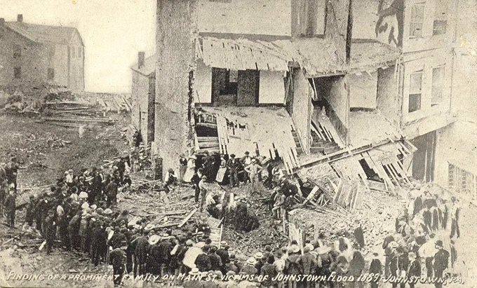 This postcard shows a crowd gathered on Main Street in Johnstown near the place where an entire family lost their lives in the 1889 Johnstown Flood. More than 2,000 people were killed by the Great Flood of 1889.

This photo is preserved by the Pennsylvania State Archives.
