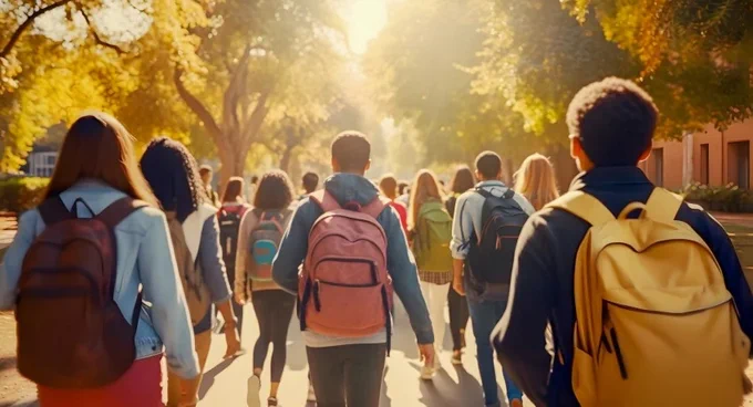 A group of students with backpacks is walking down a sunlit path surrounded by trees on a university campus. The atmosphere is lively and studious.

