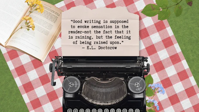 A picnic setting with a typewriter which has the following words printed: Good writing is supposed to evoke sensation in the reader—not the fact that it is raining, but the feeling of being rained upon, by E. L. Doctorow