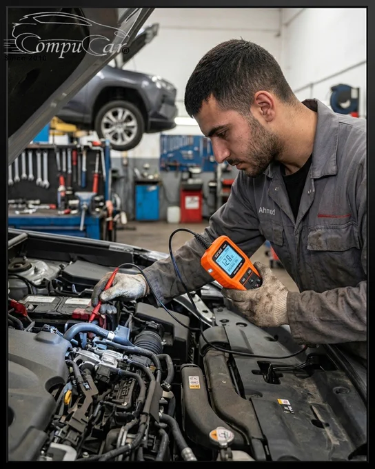 A male mechanic named Ahmed, wearing a grey "Auto Tech Repair" jumpsuit, is shown in a professional garage working on a car engine. In his right hand, he holds an orange KZYEE digital diagnostic tool displaying a reading of 12.8V, while using a red probe in his left hand to test a connection near the vehicle's battery. The background shows a well-equipped auto shop with tools and a car on a lift.