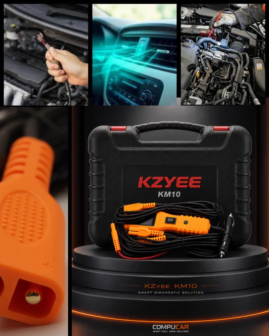 A product collage centered on the KZYEE KM10 smart diagnostic tool. The main image features the orange tool and its black hardshell carrying case resting on a sleek black pedestal. Surrounding insets demonstrate various automotive applications:

Top-left: A hand holding a damaged electrical wire.

Top-center: Airflow through a car's dashboard vents.

Top-right: Close-up of a probe testing an engine.

Bottom-left: A macro shot of the tool’s orange connector port.
The CompuCar logo is displayed at the bottom.
